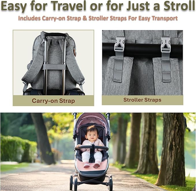 Rojnaz Baby Diaper Bag Backpack - Large Sturdy Bag for Boys & Girls, Changing Pad & Pacifier Case, Large Capacity, Insulated Pockets, Waterproof, Stroller Straps & Carry-on Straps, Unisex - Grey