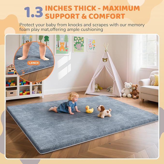 Omzer Baby Play Mat for Floor - 1.3" Thick Foam 71x79 Inch Playpen Mats with Removable & Washable Cover for Tummy Time, Soft Coral Velvet & Non-Slip Crawling Pad for Babies, Toddlers, Infants - Grey