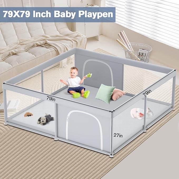 Extra Large Baby Playpen 79×79 Inch, Playpen with 2 Zipper Door for Babies and Toddlers, Play Pen Pin Indoor Outdoor Baby Play Fence