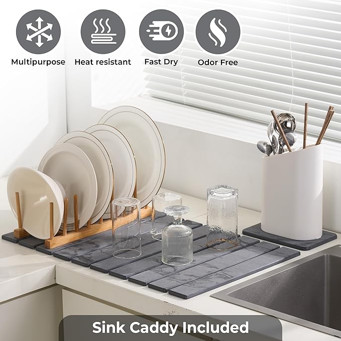 Large Stone Dish Drying Mat for Kitchen Counter, 2PCS Stone Drying Mat for Kitchen Counter, Foldable Water Absorbing Diatomaceous Earth Drying Pad for Bottles Dish Cups(Dark Gray 24"×16" & 8"x5")