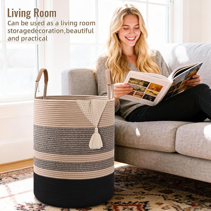 Degeyoyo 75L Striped Laundry Basket, Brown & Black Laundry Hamper with Leather Handles, Woven Cotton Rope Storage Bin for Blankets, Nursery Hamper for Clothes, Toys In Bathroom, Livingroom, Bedroom