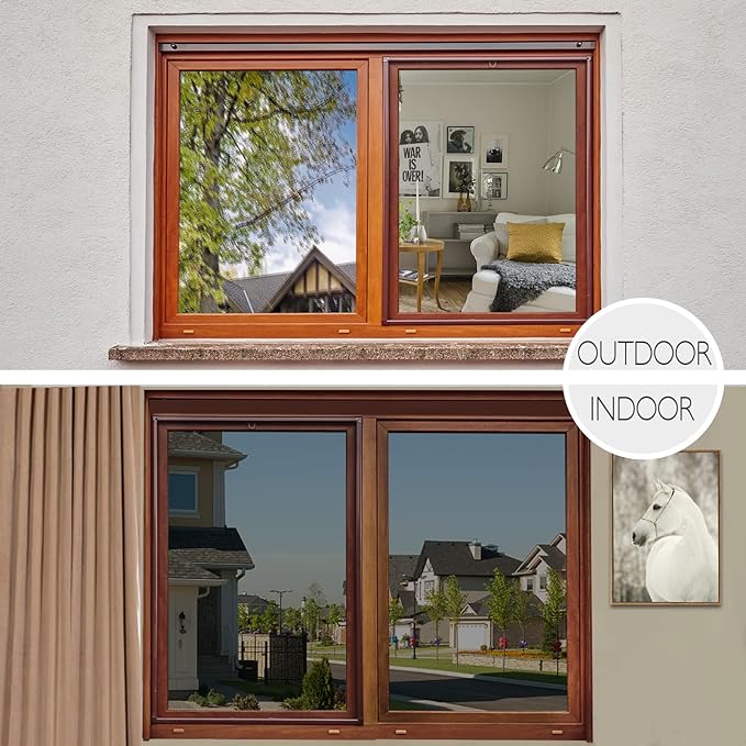 HIDBEA One Way Privacy Window Film, Daytime Mirror Reflective Heat Control UV Sun Blocking Non-Adhesive Static Cling Window Tint for Home and Office(Black-Silver, 55.1 Inch x 6.5 Feet)