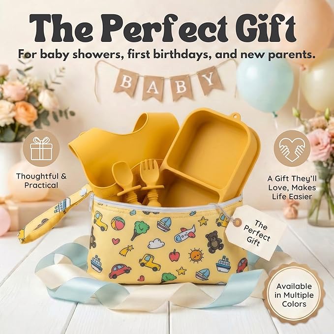 Baby Travel Essentials 6 Pc Silicone Feeding Set - Portable Toddler Plates with Suction, Baby Spoons & Foldable Bib in Carrying Case - BPA-Free Infant & Toddler Utensils for Airplanes & Eating Out