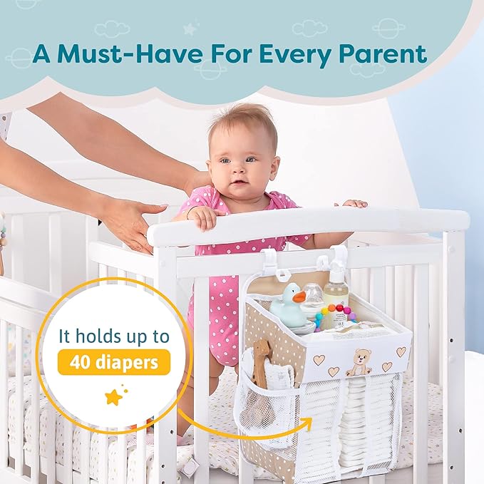 Hanging Diaper Caddy - Baby Shower Gifts Diaper Organizer for Changing Table - Hold 50+ Diapers - Nursery Baby Essentials for Newborn - Teddy Design - 17x9x9 inches
