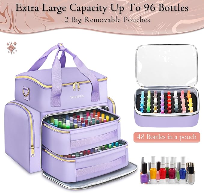YOREPEK Extra Large Nail Polish Organizer Case Holds 96 to 100+ Bottles (15ml/0.5 fl.oz) UV lamp, Gel Polish Travel Case Bag with 2 Removable Pouches Fits Nail Suppiles, Gift for Manicurist, Purple