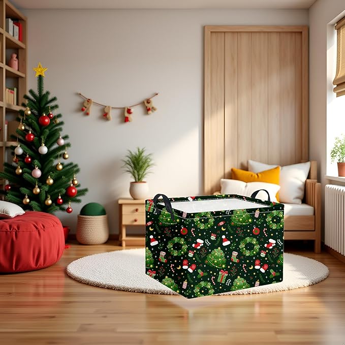 TIBAOLOVER Rectangular Christmas Basket Trick or Treat Spooky Boo Basket with Handles for Women Girls Cute Storage Bin Organizer(Green Christmas)