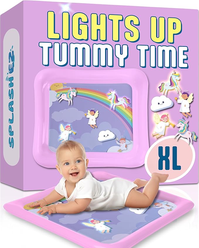 SplashEZ Lights Up Tummy Time Water Mat for Babies, Large Baby Water Mat Tummy Time for Sensory Play with LED Glowing Fishes, Inflatable Fun Play Pad for Infants & Toddlers 3 to 36 mo