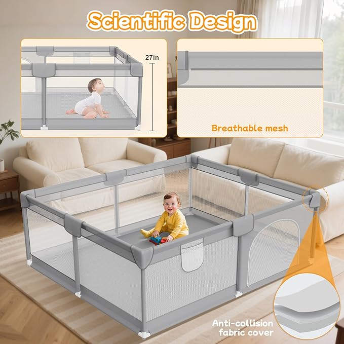 Deeteck 74"x50" Large Baby Playpen - Playpen for Babies and Toddlers with Breathable Mesh & 2 Handles - Baby Fence Playard Safety Activity Center for Indoor & Outdoor, Grey