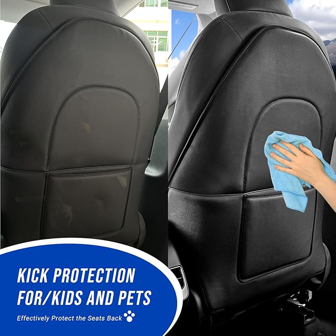 INFIVITA Automotive Seat Back Protector for Tesla Model 3/Y (2017-2025) - Waterproof Leather Kick Mat with Storage Pocket