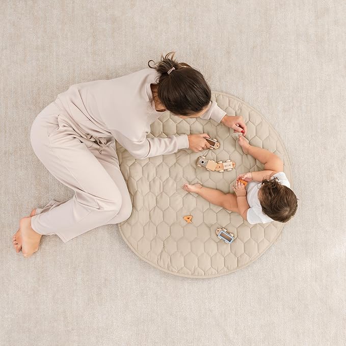 Comfy Cubs Round Kids Play Mat -Small 36 inches Soft Quilted Baby Floor Mat with Non-Slip Bottom - Plush Design for Toddlers' Playtime - Comfortable and Durable - Sand