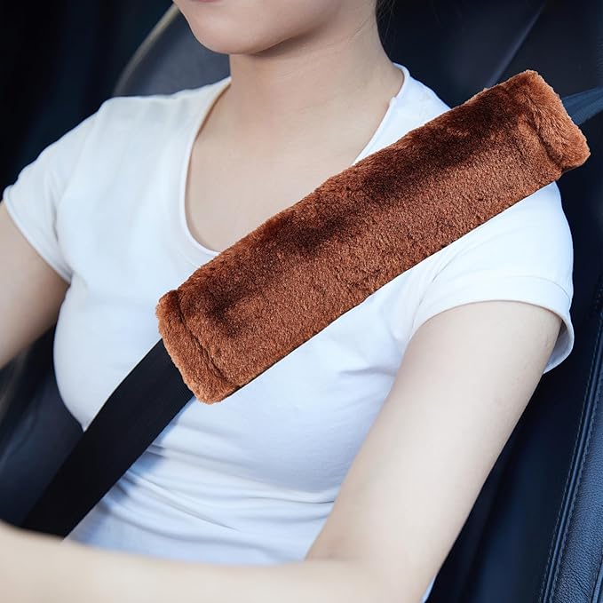 MOONET 2 Packs Car Seatbelt Covers Shoulder Pad for More Comfortable Driving, Universal Seat Belt Cover for Handbag Camera Backpack Straps, Soft Faux Sheepskin Wool Seat Belt Cushion (Brown)