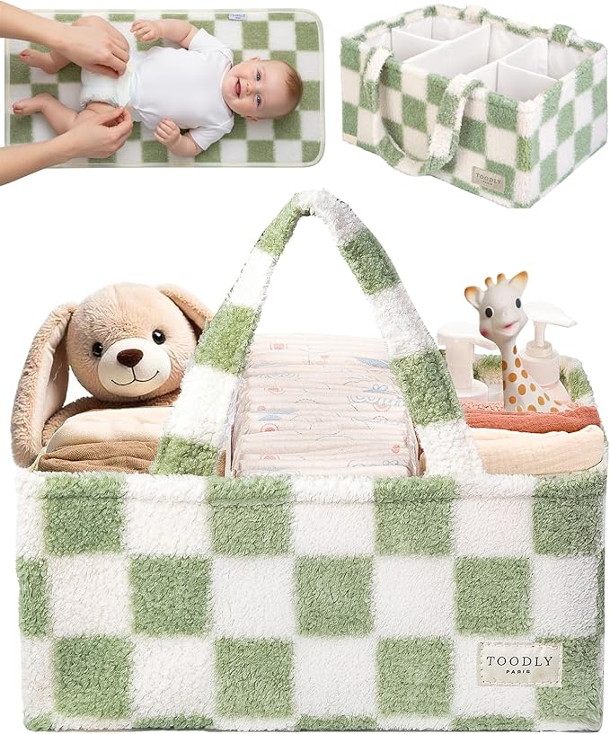 Toodly Checkered Diaper Caddy Organizer with Portable Changing Mat - Teddy Fleece Diaper Organizer for Changing Table - Caddy Organizer with Removable Dividers - Green and White