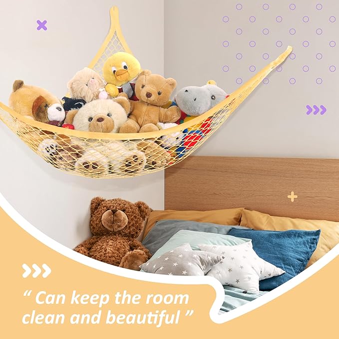 Lazebox Stuffed Animal Net Hammock for Plushie Toys, Stuffed Animal Hammock Corner for Kids' Room Decor, Ideas for Organizing Stuffy Collection, Yellow, L (67" x 40" x 40")-Pack of 1