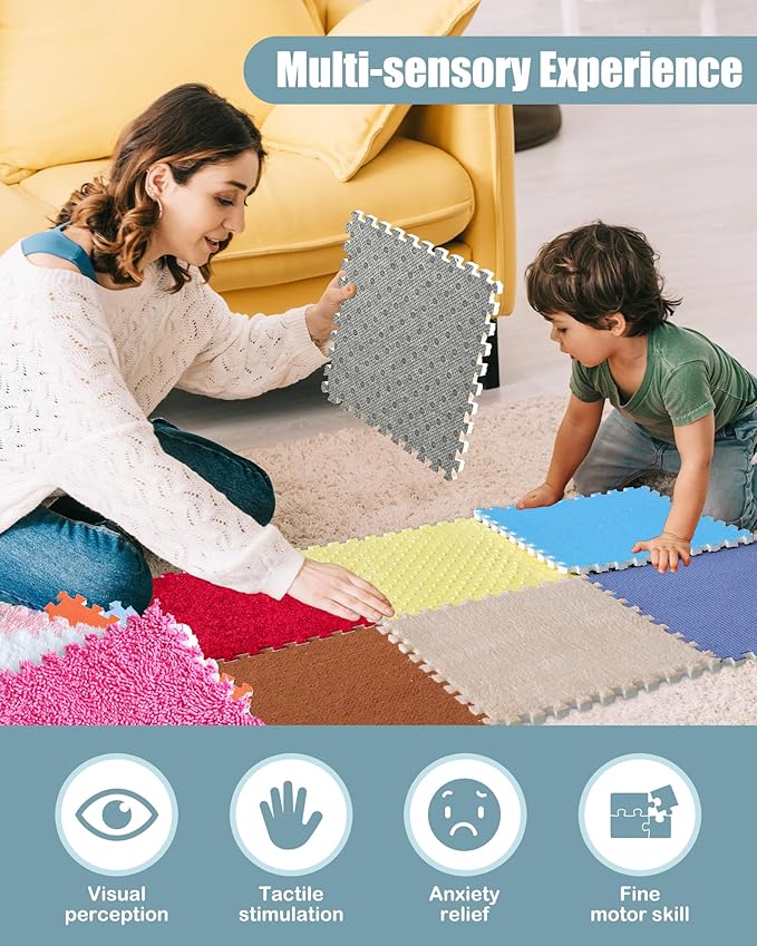 12 Set Sensory Floor Tiles - Textured Sensory Mats, Interlocking Sensory Rug Sensory Toys for Autistic Children Kids Baby Toddler Multi Sensory Exploration, Tactile Play, Fidgeting Activity