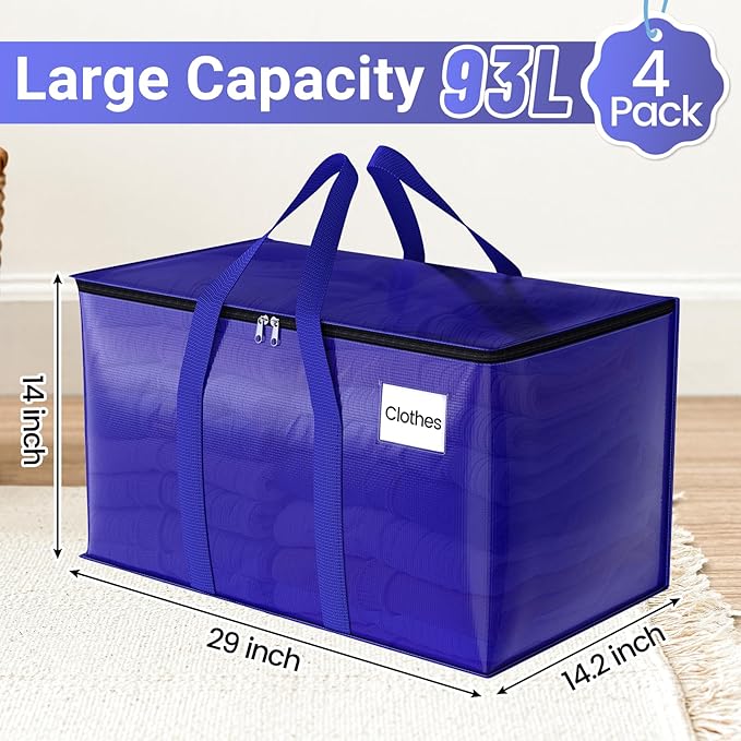 Moving Storage Bags, Moving Supplies Packing Boxes for Moving, Camping, College Dorm Room Essentials for Girls, Blue Tote Bags, Heavy-Duty Storage Bins With Lids And Zippers, 93L 4 Pack