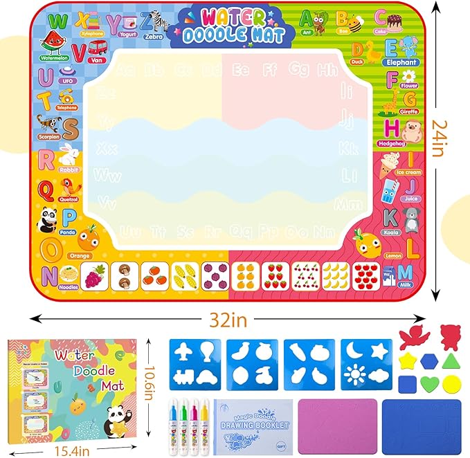 Water Doodle Mat 32 x 24 Inch Kids Water Painting Writing Drawing Mat Toy,Mess Free Coloring Extra Large Magic Educational Toys for Boys Girls Age 3 4 5 6 7 8 Year Old Christmas Birthday Present