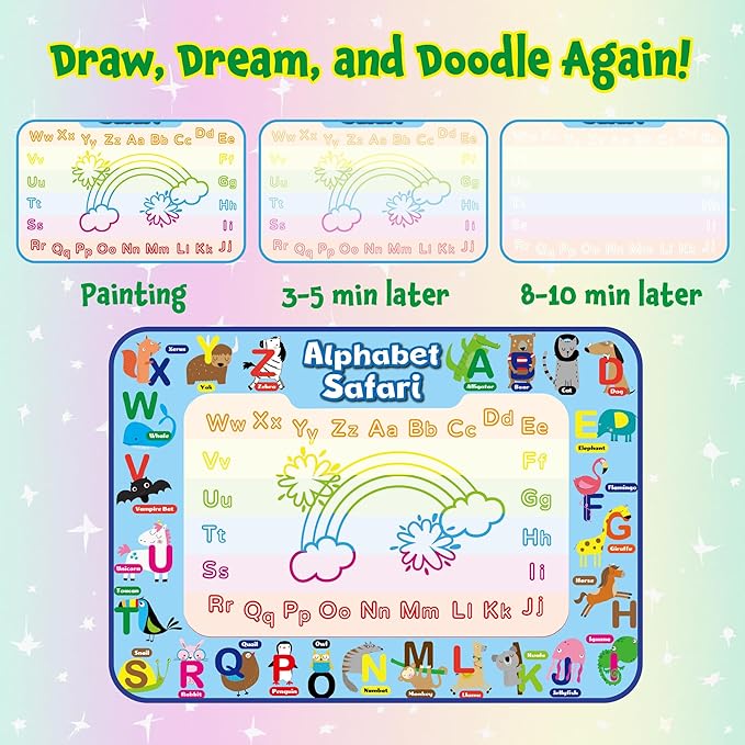 ANIMOLDS Water Doodle Mat 40″ × 32″ – Aqua Magic Drawing Board for Toddlers & Kids | Alphabet Safari Theme Educational Art Play Mat | Reusable, Mess-Free Water Painting Toy