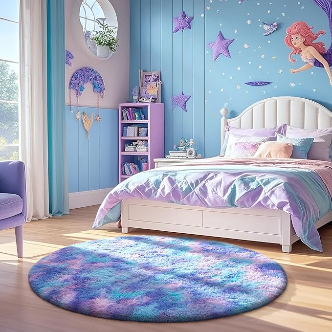 Ophanie Area Rugs for Bedroom Living Room,Color Rainbow Purple,Size 4',Shape Round