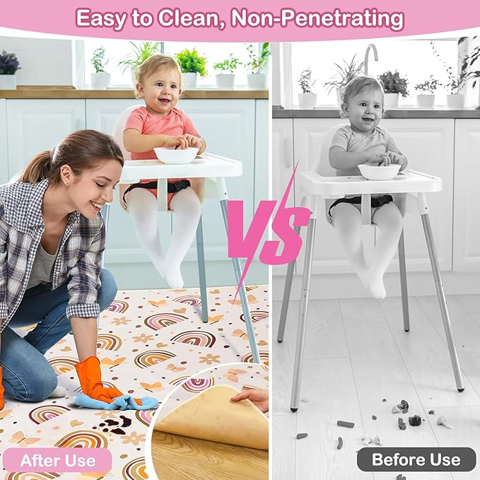 Basumee Splat Mat High Chair Food Catcher - Waterproof, Non Slip, Brown Rainbow, 51x51 Inches