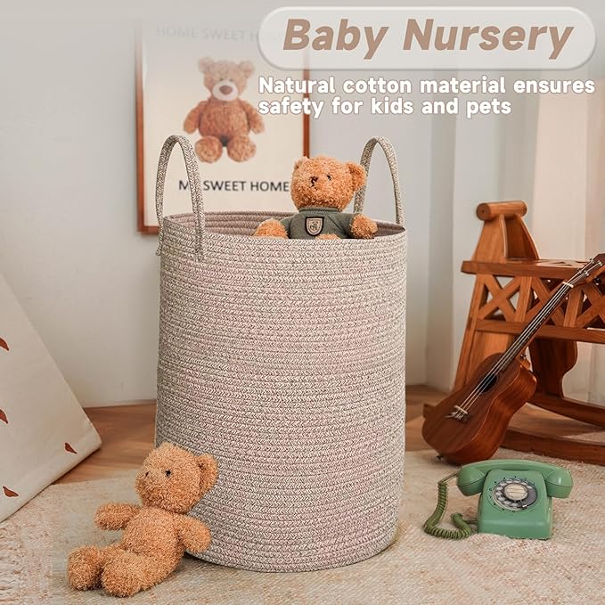 Large Woven Laundry Basket Hamper,80L Cotton Rope Storage Bin for Blankets,Toys and Clothes,Decorative Tall Nursery Hamper for Living Room,Baby Nursery,Bathroom and Bedroom,Oatmeal