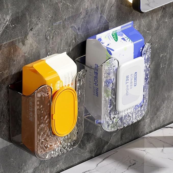 Kitchen Wipes Storage Box, 2024 New Non-Slip Flushable Wipes Holder for Bathroom Toilet, Wall-Mounted Clear Wet Tissue Dispenser Container Box No Punching Refillable Keeps Baby Wipes Fresh Case