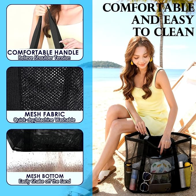 Mesh Beach Bag, Large Beach Tote with Zipper Pocket for Family Pool Bag for Toys & Vacation Essentials