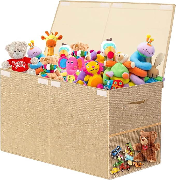 Fineonly Large Toy Storage Box with Lid Upgraded Toy Chest Organizer with Removable PP Divider Foldable Toy Bin for Kids Boys Girls Linen Fabric Toy Box for Playroom Nursery Bedroom (25"x13"x16")