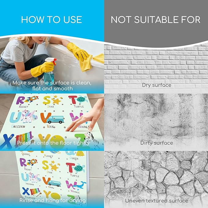 Omedecal Baby Bath Mat for Tub, Non Slip Kids Bath Shower Mat, 40 X 16 Inch Large Bathtub Mat with Drain Holes and Suction Cups for Toddlers, Machine Washable and Waterproof (Alphabet)