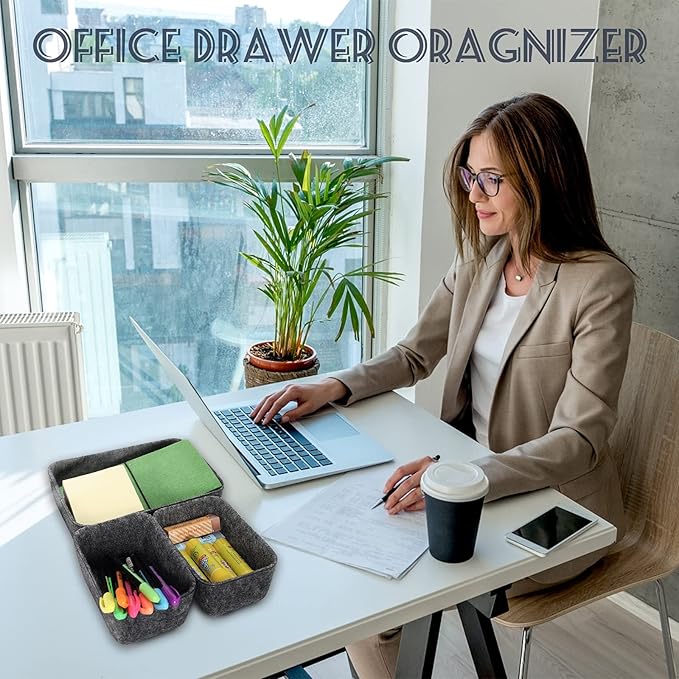 Desk Drawer Organizer Tray Dividers Set Kitchen Bathroom Office Drawer Organizers Separators Shallow Felt Storage Bins Container for Makeup Juck Jewelry Utensils Tools Dresser, Grey, 7 Pack