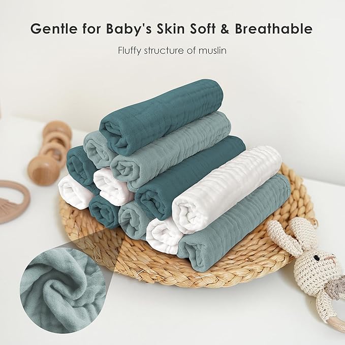 Muslin Burp Cloths for Baby 100% Cotton Burping Cloths for Unisex, Boy, Girl - Large 20'' by 10'' Newborn Essentials Ultra Soft Absorbent Milk Spit Up Rags - 12 Pack - White+Light Emerald Series