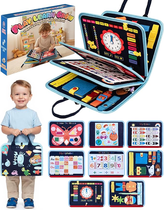 LADFAR Busy Board for 1 Year Old, Busy Book for Toddlers 1-3, Montessori Toys for 1 Year Old, Educational Sensory Activities, Learning Toy Fine Motor Skills, Travel Toy for Toddler