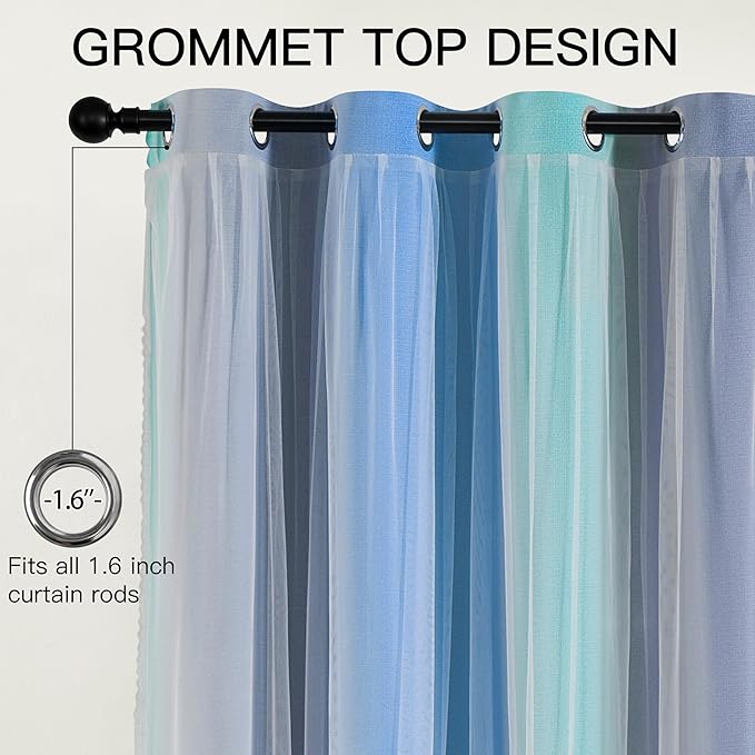 XiDi Blakout Curtains with Sheer Overlay 84 Inches Long for Bedroom 2 Panels Double Layer Rainbow Curtains for Nursery Kid Room Thermal Insulated Room Darkening Grommet Drapes Blue Green Grey 52Wx84L