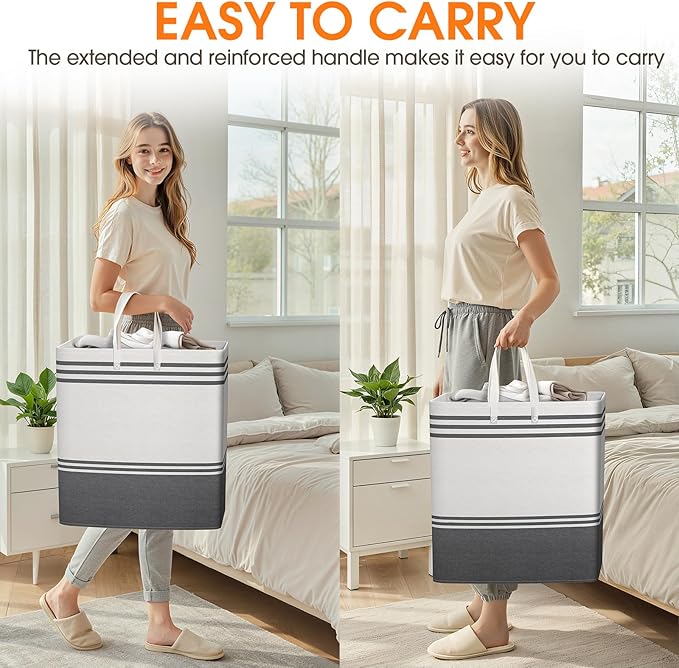 2 Pack Large Home Laundry Basket, Laundry Hamper, Freestanding Waterproof Dirty Clothes Bag, Tall Clothes Hamper - Extended & Reinforced Handles for College Dorm, Family (Light Grey/100L)