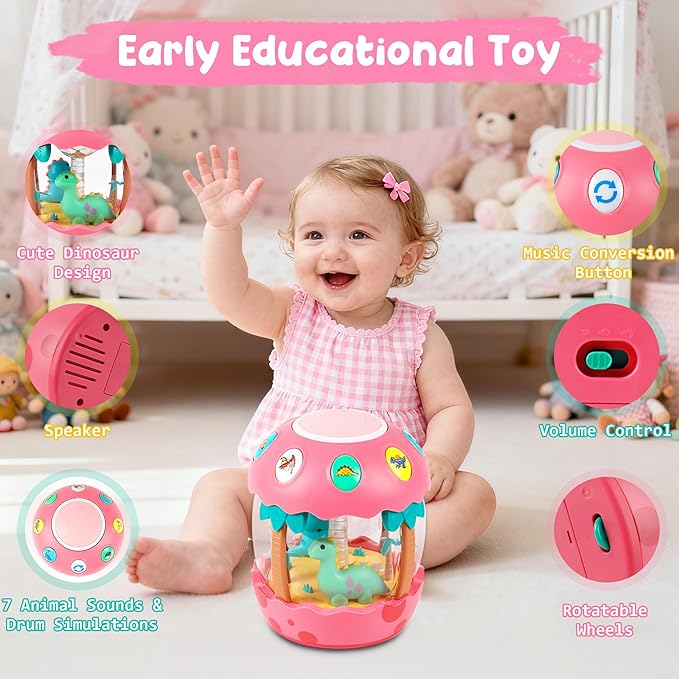 M SANMERSEN Baby Girl Toys 6-12 Months, Dinosaur Rotating Light Up Musical Baby Toys for 0-6 12-18 Months Newborn Infant Crawling Tummy Time Toys, Birthday Valentines Day Baby Girl Gifts - Pink