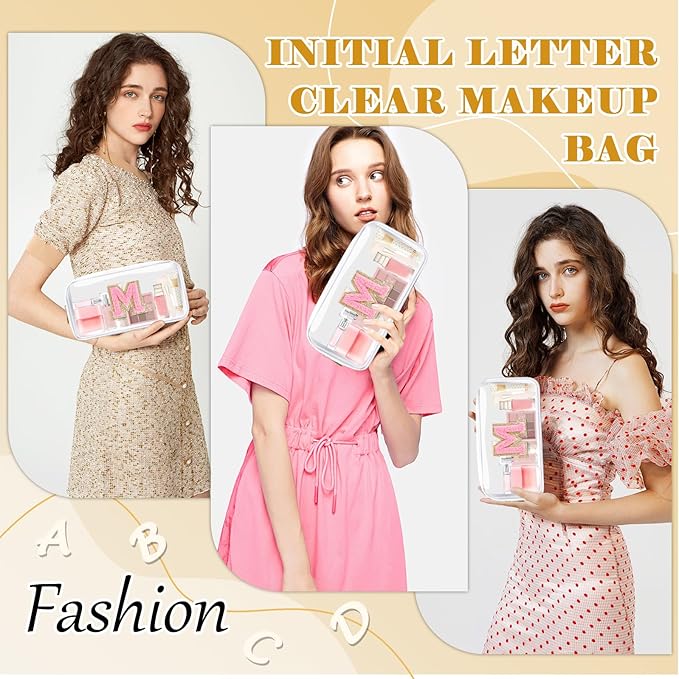 Personalized Initial Letter Clear Makeup Bag,Preppy Small Nylon&PVC Cosmetic Zipper Bag with Chenille Letter,Travel Skincare Toiletry Bag,Monogram Christmas Gift for Teen Girls Women,M