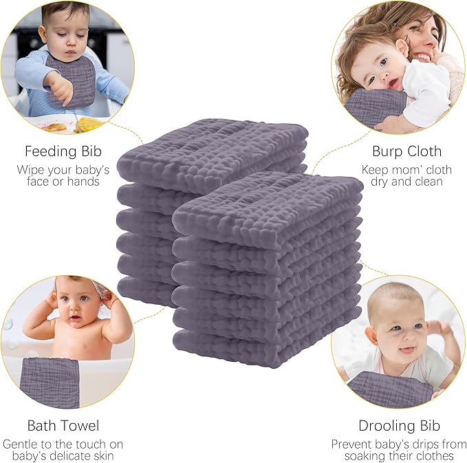 Lovely Care 12 Pack Muslin Burp Cloths 100% Cotton Muslin Cloths Large 20''x10'' Extra Soft and Absorbent Baby Burping Cloth - Grey
