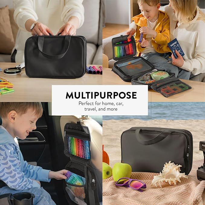 Kids Travel Organizer - Multi-Compartment, Water-Resistant Hanging Bag for Toys, Snacks, & Activities - Compact, Lightweight Design with Hook & Carry Handle - Perfect for Travel Use (Black, Small)