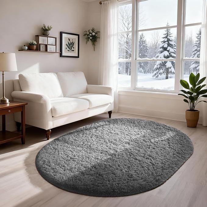 Ophanie 4x6 Grey Oval Rugs for Bedroom Living Room, Fluffy Fuzzy Furry Carpet, Plush Soft Shaggy Bedside Indoor Floor Area Rug for Kids Girls Boys Baby Teen Dorm Nursery Home Decor Aesthetic