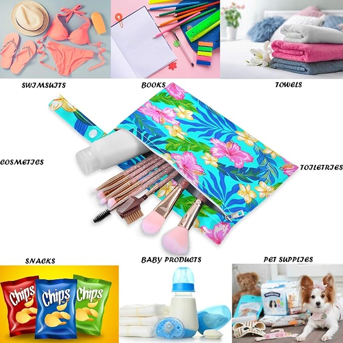 visesunny Tropical Hibiscus Floral Turquoise 2Pcs Wet Bag with Zippered Pockets Washable Reusable Roomy for Travel,Beach,Pool,Daycare,Stroller,Diapers,Dirty Gym Clothes, Wet Swimsuits, Toiletries