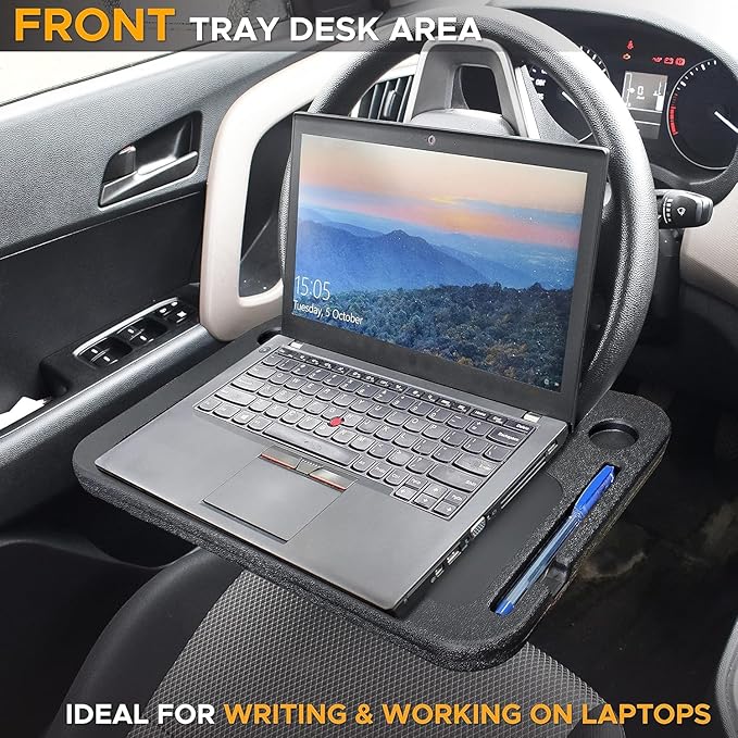 EcoNour Steering Wheel Desk Tray Compatible for Chevrolet Silverado 1500 2019-2026 | Car Laptop Mount Tray with Pen Holder | Food & Drink Holder | Multipurpose Travel Car Accessories