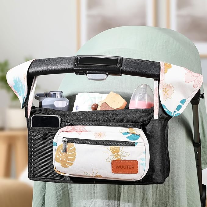 WUUTER Stroller Organizer with Cup Holder Detachable Wristlet Large Capacity Baby Stroller Bag for Mom, Fits Uppababy, Baby Jogger, Britax, BOB, More (Garden)