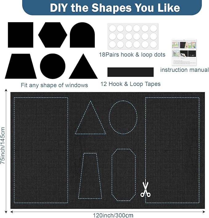 100% Blackout Window Cover, 118" x 57" 420D Portable Blackout Blinds 100% Blackout Window, Temporary Black Out Shades for Windows Cover Travel, Cut Any Size, 18 Adhesive & 12 Loop Tapes