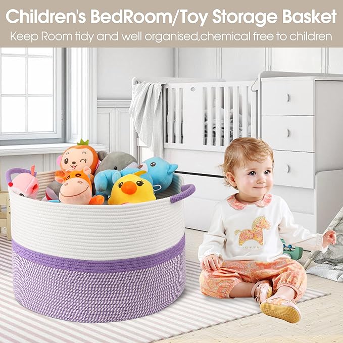 Large Cotton Rope Storage Basket, 20''x13'' Woven Laundry Hamper for Living Room, Nursery, Toys, Blanket Organization with Handles (White and Purple)