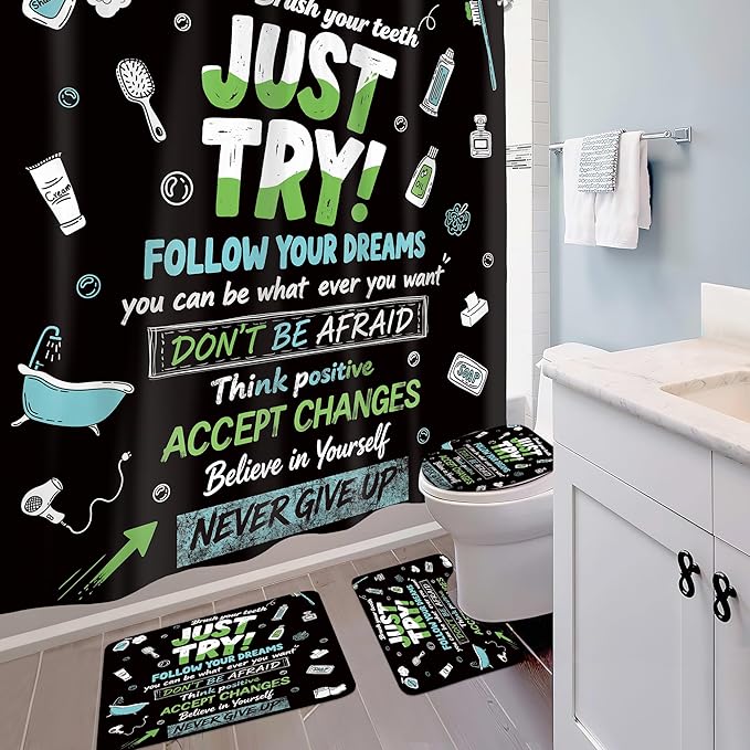 4 PCS Black Inspirational Quotes Shower Curtain Set 72Wx72H Positive Words Bathroom Set Non-Slip Bath Rug Toilet Lid Cover U Shape Mat Complete Bathtub Accessories with 12 Hooks Bathroom Decor