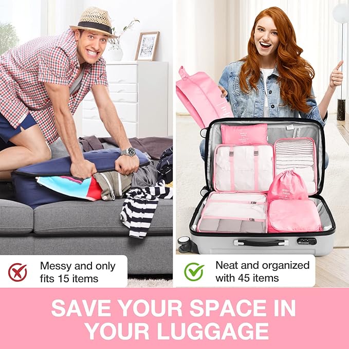 8 Set Packing Cubes for Suitcases,Packing Cube with Shoe, Cosmetics, Clothing, and Accessories Bags Packing Cubes for Travel Luggage Organizer Women Men (Pink)