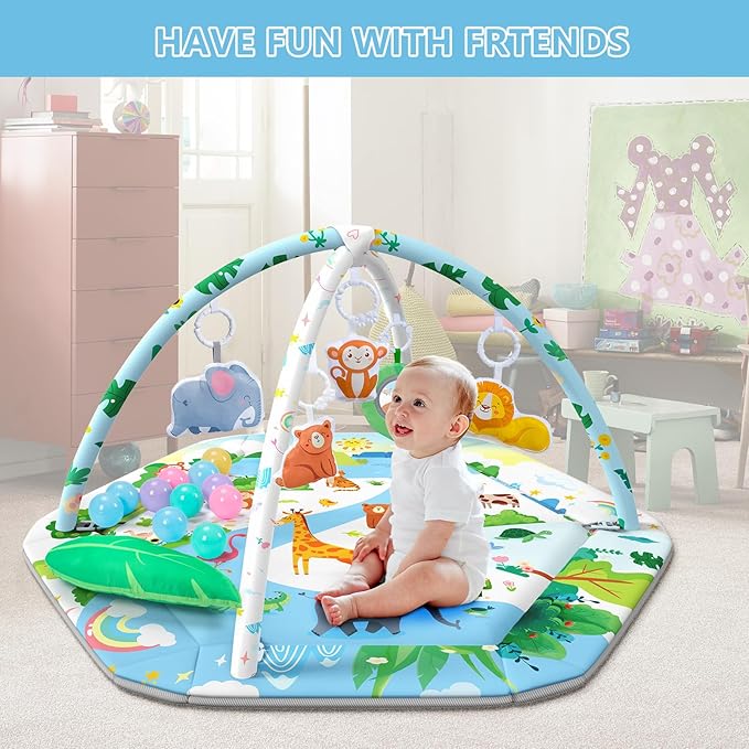 ZFDEBY Baby Gym Play Mat, 8-in-1 Tummy Time Mat & Activity Gym Mat Ball Pit with Detachable Toys, Washable Infant Play Mat for Visual, Hearing, Sensory, Motor Development, Newborn Baby Toys Gift for Toddler 0-3-6-9-12 Months Easy to Install