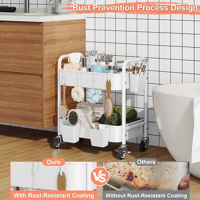 2 Tier All-Metal Rolling Cart, Rolling Storage Cart with Handle and Locking Wheels Kitchen Cart Laundry Office Bathroom Storage Organizer Cart, White