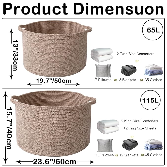 Large Storage Basket with Handle,19.7" L x 19.7" W x 13" H Blanket Basket Storage Bins for Organizing,65L Cotton Rope Woven Baskets for Living Room, Nursery,Bedroom,Brown