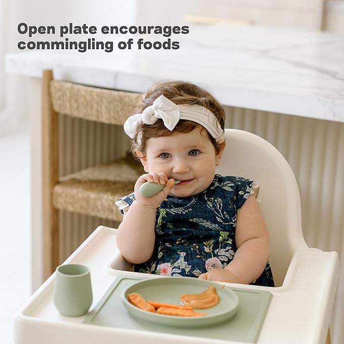 ezpz Tiny Plate (Coral) - 6 Months+ - 100% Silicone Suction Placemat + Plate for Infants - Fits on Most Highchair Trays - Baby Led Weaning Supplies