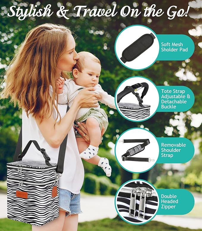 PIIOSER Breastmilk Cooler Bag with Ice Pack, Fits 6 Baby Bottles Up to 9 Oz, Stylish Baby Cooler Travel Bags with Shoulder Strap, Double Deck & Leakproof for Nursing & Working Moms(Zebra Printed)